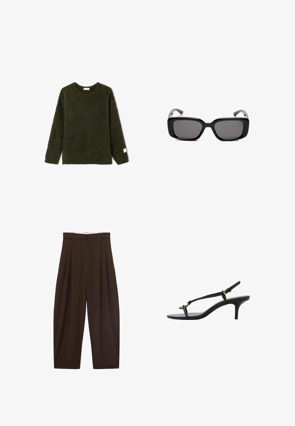 Tmavě zelený pletený svetr s kulatým výstřihem a dlouhými rukávy. Má texturovanou látku a malou nálepku na lemu levého rukávu.; Hnědé kalhoty s vysokým pasem a sklady, vyrobené z hladké látky. Volný střih, rovné nohavice, obsahující poutka na opasek a zip.; Černé kožené sandály na kotníkovém podpatku s tenkými pásky, zlatou sponou a minimalistickým provlečením na prstech na bílém pozadí.; Černé obdélníkové sluneční brýle s tmavými skly, hladkým plastovým rámem a zakřivenými stranicemi. Design je robustní s minimalistickou estetikou.
