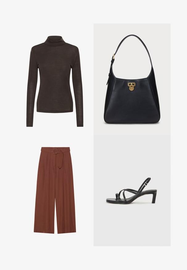 Rudas ilgomis rankovėmis golfo tipo marškinėliai su siauru siluetu, pagaminti iš lengvo, šiek tiek permatomo audinio.; Plačios kelnių kelnės rudos spalvos audinyje, su diržu su kvadratiniu sagtimi, klostuotų dizainu ir lygiu paviršiumi.; Juodi šlepetės su kvadratiniu pirštu ir žemu bloku kulnu. Yra keli ploni dirželiai ir reguliuojamas kulkšnies diržas. Pagaminti iš lygios odos.; Juodas odinis peties krepšys su kreiptu dizainu, turintis auksinį užtrauktuką ir apvalią dirželį. Lygus paviršius su minimaliais akcentais.; Juodas odinis peties krepšys su kreiptu dizainu, turintis auksinį užtrauktuką ir apvalią dirželį. Lygus paviršius su minimaliais akcentais.; Auksiniai auskarai su įvairiais dizainais, įskaitant studus, žiedus ir kabančius modelius su perlų ir kristalų akcentais.