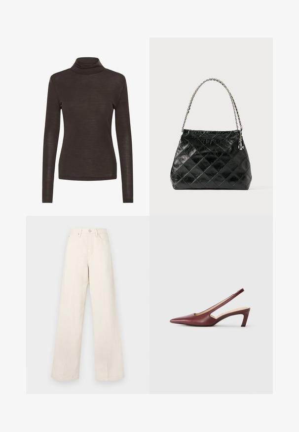 Braunes Langarm-Turtleneck-Shirt mit schmaler Passform, aus leichtem, leicht durchscheinendem Stoff.; Beige weite Hose mit hoher Taille, aus einem weichen, strukturierten Stoff gefertigt. Verfügt über einen Knopfverschluss und Fronttaschen für Funktionalität.; Burgunderfarbene Slingback-High Heels mit spitzer Zehenform, Ausschnitten an den Seiten und einem Blockabsatz in mittlerer Höhe. Glatte Lederoberfläche.; Schwarze gesteppte Lederhandtasche mit einem silbernen Kettenhenkel, die ein strukturiertes Design und eine glatte Textur aufweist.