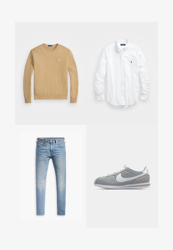 Sweatshirt couleur camel en coton. Présente un col rond, des poignets et un ourlet côtelés, avec un petit logo sur la poitrine.; Chemise blanche à manches longues en coton. Dotée d'un col classique, de poignets à boutons et d'un petit logo brodé bleu marine sur la poitrine.; Jean slim bleu clair avec un léger délavage sur les cuisses, fermeture à bouton à l'avant, passants de ceinture et style à cinq poches sur fond blanc.; Chaussure de sport grise avec une tige en daim et textile, logo Nike en blanc et lacets blancs. Elle dispose d'une semelle en caoutchouc texturée et d'un collier rembourré.