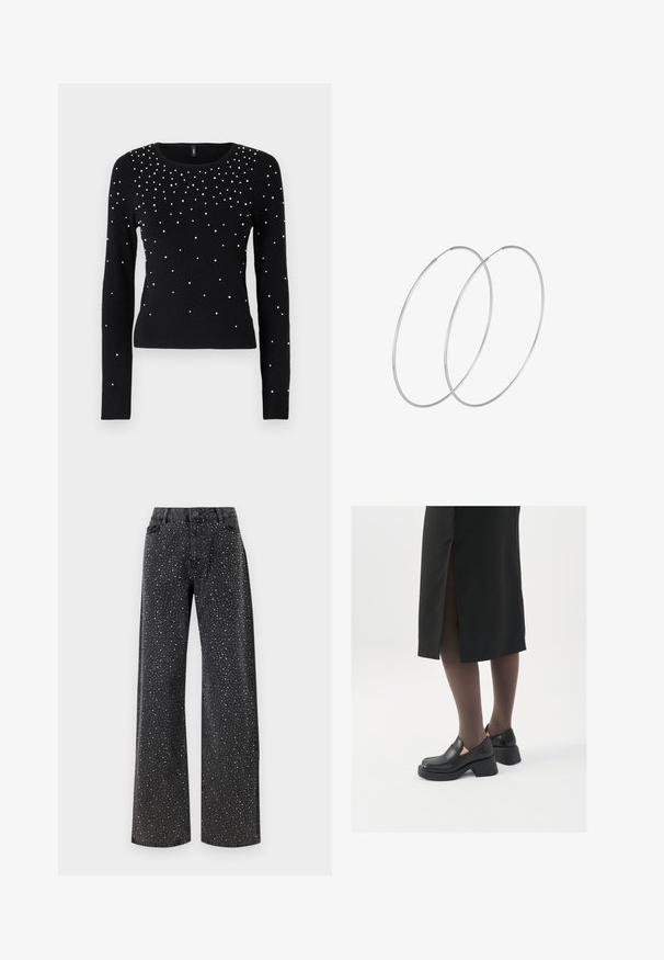 ONLY ONLSOI - Pulover - black; Noisy May NMJANNEL LOOSE - Široke kavbojke - black denim; Črne usnjene čevlje s zaobljenim prstom, debelim blokastim petama in elastičnimi stranskimi detajli, v kombinaciji s temno nogavicami in črno krilo z razporkom.; Srebrne uhane v obliki obroča z minimalističnim dizajnom. Krožna oblika, gladka tekstura in tanek profil. Lahki s poliranim zaključkom.