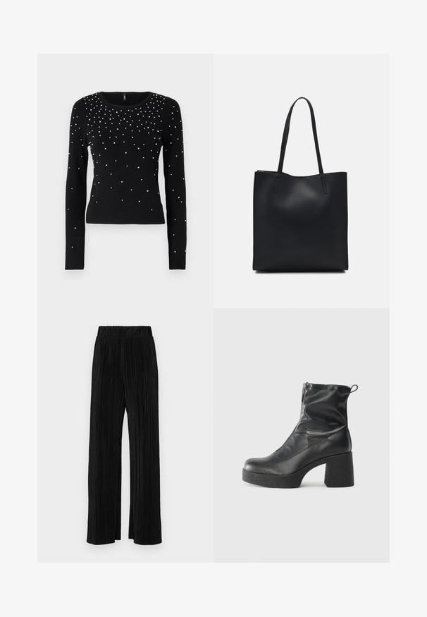 ONLY ONLSOI - Džemperis - black; Melni plīšu bikses ar elastīgu jostu. Tām ir platākas kājas un gluda, teksturēta auduma ar vertikālām svītrām.; Melni potītes zābaki, kas izgatavoti no gludas ādas, ar sānu rāvējslēdzēju, masīvu strukturētu papēdi un noapaļotu purngalu.; Melnas ādas somiņa ar gludu tekstūru, taisnstūra formu un divām garām rokturiem. Nav redzamu aparatūras vai rotājumu.