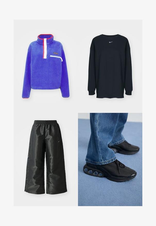Fleece pulóverdzseki élénk kék színben, magas gallérral. Fehér gombos rész és cipzáras zseb jellemzi, piros díszítéssel és logóval kiegészítve.; Fekete, hosszú ujjú pamut póló kerek nyakkivágással. Fehér Nike logó található a mellrészen. Puha tapintás, egyszerű design.; Fekete sportnadrág fényes, sima anyagból, rugalmas derékkal, széles lábakkal és egy kis logóval a bal oldalon.; Fekete sportcipők hálós felsőrésszel, textúrázott részletekkel és a talpban látható lég párnázó zsebekkel. Kék farmernadrággal viselve.