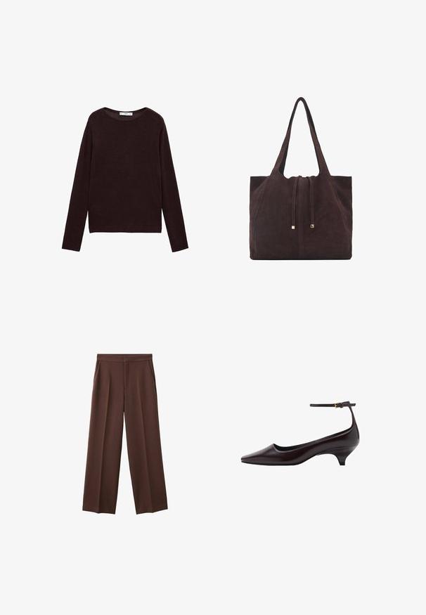 Dark brown lightweight knit sweater, round neckline, long sleeves, ribbed hem, and cuffs, featuring a smooth texture and minimal design.; Brown wide-leg trousers with a smooth texture, featuring two side pockets and a pleated front for a relaxed fit.; Dark brown pointed-toe leather kitten heel shoe with a thin ankle strap and a small gold buckle.; Mango Tote bag - dark brown