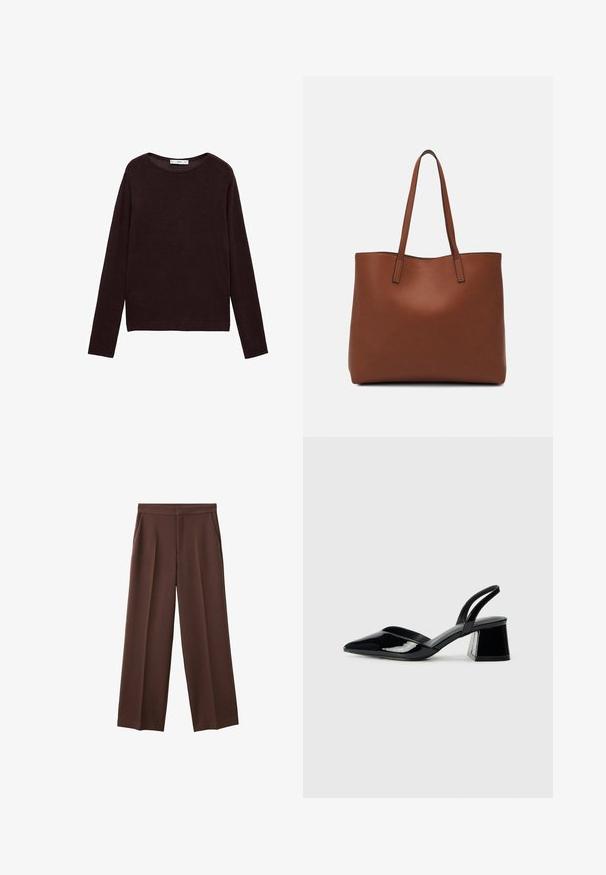 Maglione leggero marrone scuro a maglia, con scollatura rotonda, maniche lunghe, orlo e polsini a costine, caratterizzato da una superficie liscia e un design minimalista.; Pantaloni larghi marroni con una texture liscia, dotati di due tasche laterali e una parte anteriore plissettata per una vestibilità rilassata.; Décolleté in vernice nera con punta affusolata e tacco in geometria cubica. Presentano un design elegante e minimalista, con una texture liscia.; Borsa tote in pelle marrone con texture liscia, design con apertura superiore e due spallacci. Presenta cuciture minime e nessun hardware visibile.