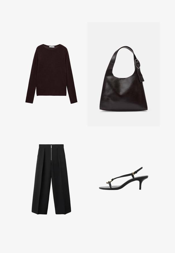 Dunkelbrauner, leichter Strickpullover mit Rundhalsausschnitt, langen Ärmeln, geripptem Saum und Bündchen. Er zeichnet sich durch eine glatte Textur und ein minimalistisches Design aus.; Schwarze weit geschnittene Hose mit vorderen Falten und einem sichtbaren silbernen Reißverschlussverschluss an der Taille, flacher Front und seitlichen Taschen.; Schwarze Leder-Kitten-Heel-Sandale mit dünnen Riemen, goldener Schnalle und minimalistischer Zehen-Schlaufe vor einem weißen Hintergrund.; Braune Lederumhängetasche mit glatter Textur, runder Form, breitem Tragegurt und metallischem, kreisförmigem Akzent am Griff.