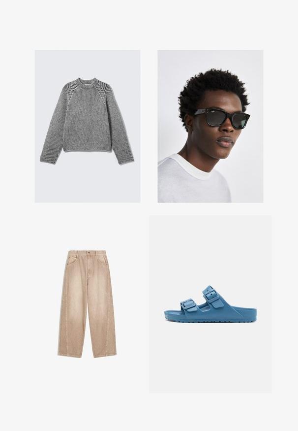 Long-sleeve, ribbed knit sweater with black and white vertical stripes and a high ribbed neckline, laid flat on a light background.; Beige corduroy wide-leg trousers with vertical ribbing, featuring front pockets, belt loops, and a zip fly with button closure.; Birkenstock ARIZONA NARROW UNISEX - Sandals - blue; Black Ray-Ban sunglasses with a square frame, dark lenses, and silver hardware accents. Model wears a light gray crew-neck sweater.