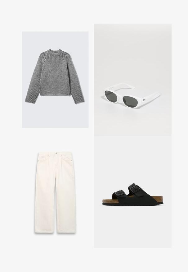 Pitkähihainen, ribbikuvioinen neulepaita, jossa on mustavalkoiset pystysuorat raidat ja korkea ribbikaulus, asetettuna tasaisesti vaaleaa taustaa vasten.; Valkoiset leveälahkeiset farkut, joissa on napin sulkeminen, viisi taskua ja huomaamaton tikkaus. Siisti, minimalistinen muotoilu.; Mustakorko, johon on lisätty kaksi säädettävää solkea, korkkipohja ja karkea kumipohja. Ominaisuuksiin kuuluu minimalistinen muotoilu ja avonaiset varpaat.; Valkoiset aurinkolasit pyöreillä kehysmuodoilla ja tummilla linsseillä. Ominaisuudet sileä muovinen pinta ja pieni logo varressa.