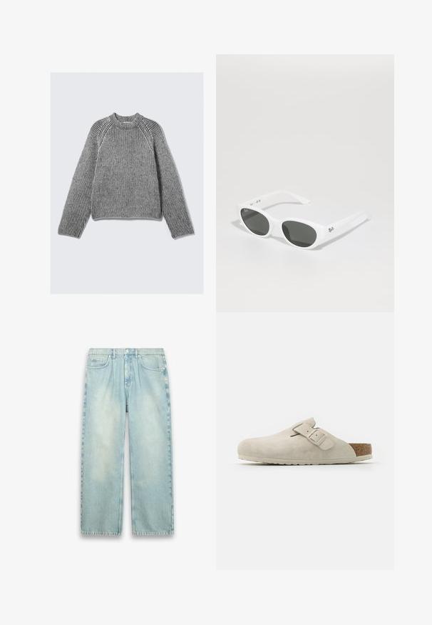 Langsleeve, geribbelde gebreide trui met zwart-witte verticale strepen en een hoge geribbelde kraag, plat gelegd op een lichte achtergrond.; Lichtblauwe spijkerbroek van denim met een rechte, wijde pasvorm. Kenmerken zijn onder andere vijf zakken, een knoopsluiting en een vervaagde textuur met subtiele variaties.; Lichtbeige suède clog met een ronde neus, verstelbare band en kurken voetbed; zachte textuur en rubberen zool voor grip.; Witte zonnebril met ronde montuur en donkere glazen. Heeft een gladde plastic structuur en een klein logo op de poot.