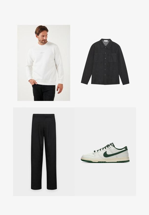 Hanorac alb dintr-un amestec de bumbac, cu guler rotund, mâneci lungi și un mic logo gri pe piept.; Cămașă gri închis, dintr-un material texturat, cu guler ascuțit, închidere cu nasturi și două buzunare pe piept. Mâneci lungi cu mansete închise cu nasturi.; Pantaloni negri dintr-un material neted, cu un design drept, două pliuri frontale și un tiv standard cu bucle pentru curea.; Adidași albi cu vârf jos, având swoosh-ul Nike în verde închis, șireturile și accentele tălpii, prezentați în profil pe un fundal alb simplu.