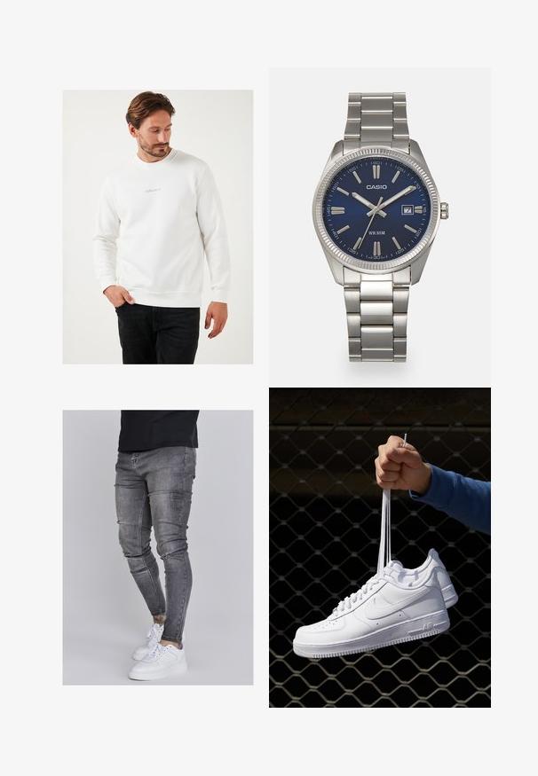 Sudadera blanca hecha de una mezcla de algodón, con cuello redondo, mangas largas y un pequeño logotipo gris en el pecho.; Jeans ajustados en denim gris desgastado, con detalles desgastados en las rodillas, combinados con zapatillas blancas. Textura suave, diseño de corte slim.; Zapatillas de cuero blanco con perforaciones, punta redonda, suela plana y cordones gruesos, con un logo de swoosh visible y "AIR" en el talón.; Reloj de pulsera de acero inoxidable plateado con una esfera azul marina, marcadores horarios metálicos y una ventana de fecha a las 3 en punto. Resistente al agua hasta 50 metros.