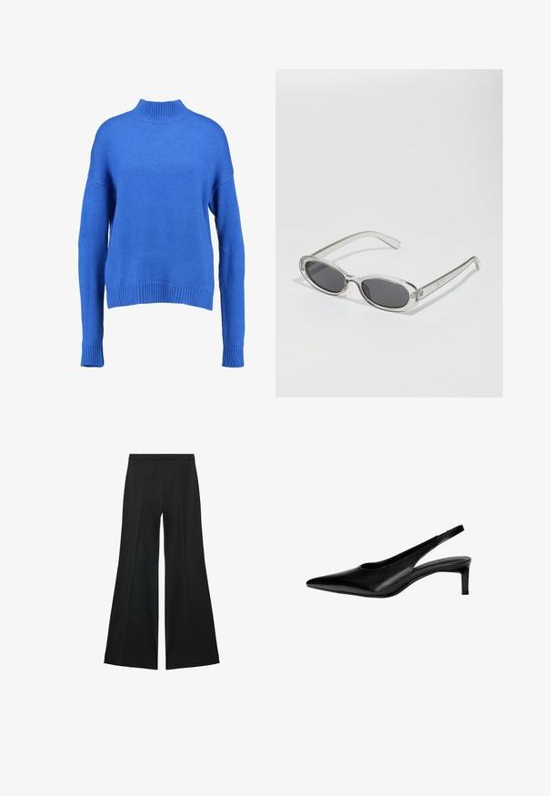 Blauwe gebreide trui met een hoge hals, brede mouwen en geribbelde zoom. Heeft een gestructureerde weefsel en een losse snit voor comfort.; Zwarte wijde-pijpen broek met een gladde textuur, gekenmerkt door voorplooien en een op maat gemaakte uitstraling. De stof is lichtgewicht en vloeiend.; Zwarte leren slingback-schoen met een puntige neus, lage hak en uitsnijdingen aan de zijkanten. Glad textuur met een elegante uitstraling.; Zonnebril met een ovale vorm, helder plastic montuur, donkergrijze glazen en dunne transparante pootjes met logo-accenten en minimale details.