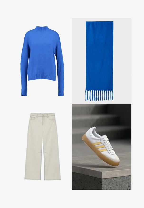 Pulover tricotat albastru cu guler înalt, mâneci largi și tiv cu nervuri. Prezintă o țesătură texturată și o croială lejeră pentru confort.; Pantaloni gri deschis cu picioare largi, dotati cu cinci buzunare, închidere frontală cu buton și cusături în contrast pe căptușeală. Materialul pare a fi moale și durabil.; Pantof sport din piele albă cu accente galbene, trei dungi și talpă din cauciuc maro. Prezintă un vârf rotund și o limbă texturată.; Fular albastru cu ciucuri realizat dintr-un material moale; are o culoare solidă cu o suprafață texturată și ciucuri tăiați uniform în partea de jos.