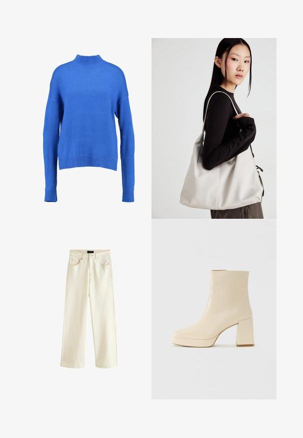 Pulover tricotat albastru cu guler înalt, mâneci largi și tiv cu nervuri. Prezintă o țesătură texturată și o croială lejeră pentru confort.; Pantaloni largi din denim bej deschis, cu închidere prin buton, cinci buzunare și o textură netedă. Design simplu și modern.; Cizmă de gleznă din piele bej, cu toc pătrat și talpă platformă, cu un finisaj neted și vârf ușor pătrat, orientată spre stânga pe fundal alb.; Geantă bej din material moale, cu un design lejer, detalii cusute și două bretele pentru umăr. Potrivită pentru utilizarea zilnică.