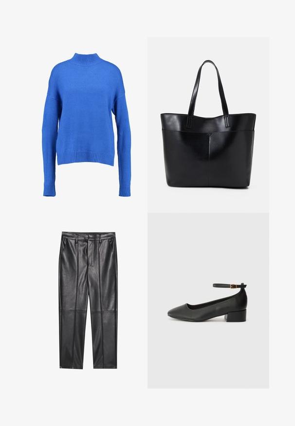 Sininen neulepusero, jossa on korkea kaulus, leveät hihat ja ribbaushelma. Tässä on teksturoitu kudonta ja väljä istuvuus mukavuutta varten.; Musta nahkahousut, joissa on sileä pinta, suora leikkaus, kaksi etutaskua ja näkyvät saumat.; Mustat nahkakengät, joissa on terävä kärki ja matala lohkare korko. Varustettu nilkkahihnalla, jossa on kultasävyinen solki. Lisää sileä pinta.; Musta nahkainen kassi, jossa on kaksi pitkää kahvaa, sileä pinta ja jämäkkä muoto. Sisältää etutaskun lisävarastointia varten.