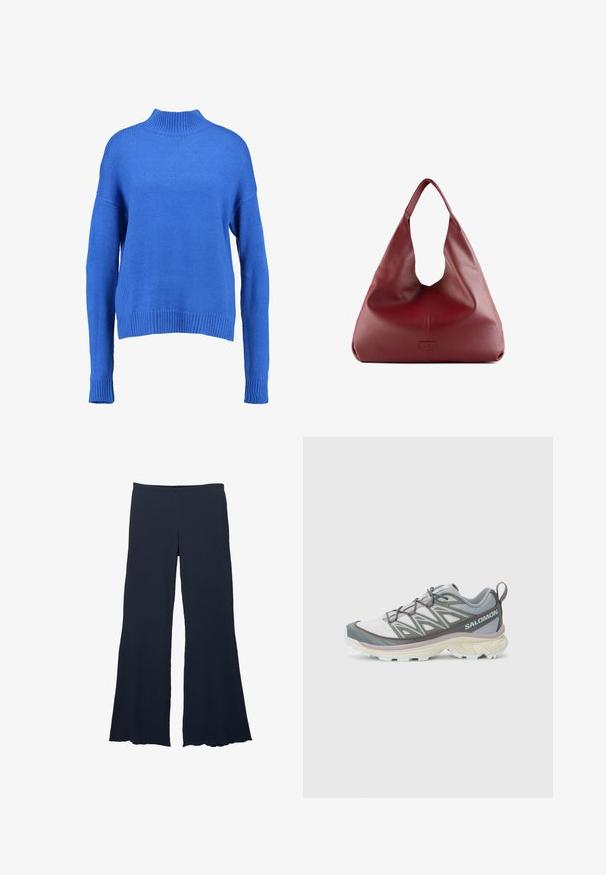 Pulover tricotat albastru cu guler înalt, mâneci largi și tiv cu nervuri. Prezintă o țesătură texturată și o croială lejeră pentru confort.; Pantaloni evazați de culoare albastru marin, dintr-o țesătură texturată, cu talie înaltă și tiv evazat, având o siluetă netedă și fluidă.; Adidasi ușori, din mai multe materiale, pentru alergare, cu un superior gri și alb, plasă texturată, talpă amortizată și detalii distincte ale șiretului.; Geantă hobo din piele roșie, cu un design larg și lejer și o deschidere mare, având o textură subtilă și un logo embosat pe față.