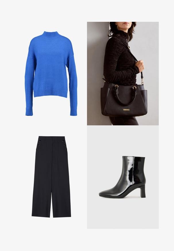 Blauer gestrickter Pullover mit hohem Kragen, weiten Ärmeln und geripptem Saum. Verfügt über ein strukturiertes Gewebe und eine lockere Passform für mehr Komfort.; Weite Hosen aus dunkelblauem Stoff mit einer glatten Textur, Vorderfalten und dekorativen goldfarbenen Ösen an den Seitentaschen.; Schwarzer Lackleder-Stiefelette mit spitzer Zehe und einem mittelhohen Blockabsatz. Glatte Textur und minimalistisches Design.; Schwarze Handtasche mit strukturierten Oberflächen, doppelten Obergriffen und verstellbarem Schultergurt. Mit goldfarbener Hardware und Seitentaschen.