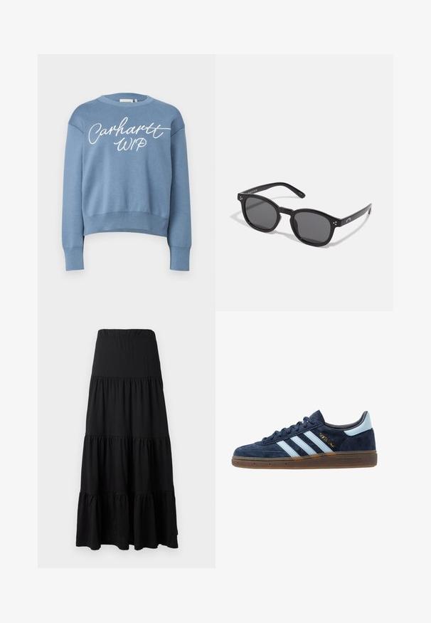 Plavi pleteni dukserica s okruglim izrezom, dugim rukavima i skraćenim rubom. Sadrži bijeli ispis logotipa "Carhartt WIP" na prednjoj strani.; Crna maxi suknja od mekanog materijala, s višeslojnim dizajnom, elastičnom naramenicom i volanima na rubu.; Tamno plave nubuk Adidas tenisice s svijetloplavim trakama, gumeni potplat, svijetloplava petna obloga i zlatni "Spezial" brendirani natpis sa strane.; Crne ovalne sunčane naočale s tamnim staklima, debelim okvirima i srebrnim točkicama s bočnih strana. Glatki plastični materijal, suvremeni dizajn.