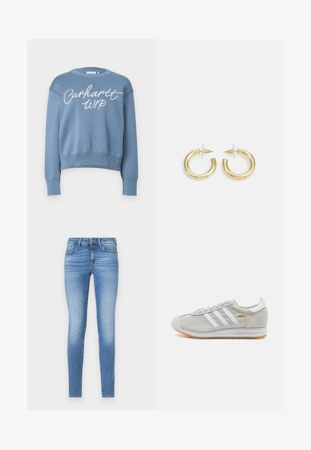 Blue knitted sweatshirt with a round neckline, long sleeves, and a cropped hem. Features white "Carhartt WIP" logo print on the front.; Slim-fit light blue denim jeans with mid-rise waist, front button, and five-pocket design.; Light grey sneaker made of suede and mesh, featuring three white stripes, round toe, and a gum rubber sole. Gold logo accent near laces.; Gold hoop earrings with a smooth, shiny finish. Circular design featuring a small post and clear backing for secure wear.