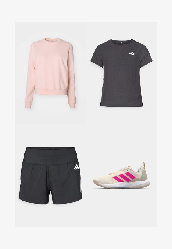 Sudadera rosa hecha de una suave mezcla de algodón, con cuello redondo, mangas largas y pequeño logo bordado en el pecho.; Camiseta atlética de manga corta, gris oscuro con textura perforada. Presenta un logo blanco y rayas laterales en contraste. Escote redondeado.; Pantalones cortos deportivos negros con una amplia cintura elástica, tela ligera y detalles de logo blancos en el lateral inferior.; Zapatilla deportiva beige con logo de tres rayas rosa, parte superior de malla texturizada, cuello acolchado y suela de goma blanca, con la marca "LIGHTSTRIKE".