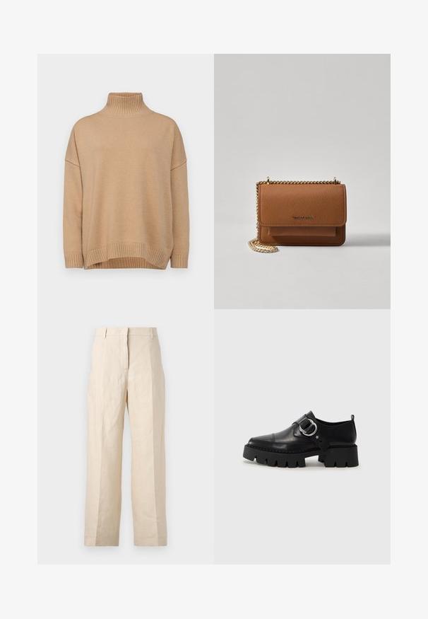 WEEKEND MaxMara BORGIA - Džemper - cammello; Bež linasest püksid, millel on lõtv istuvus, volditud eesmine osa ja sirged jalad. Omab vööd, millel on vöökohaga silmused, ja nähtavaid taskuid ei ole.; Mustad musta naha jalanõud, millel on jäme ribaga tallad, ringikujuline hõbedane detail ja minimaalne õmblusdetail.; Pruun tekstureeritud nahk ristkeha kott kuldse ahelaga rihmaga ja klapiga sulgemine. Esiküljel on logo detail ja tasku klapi all.