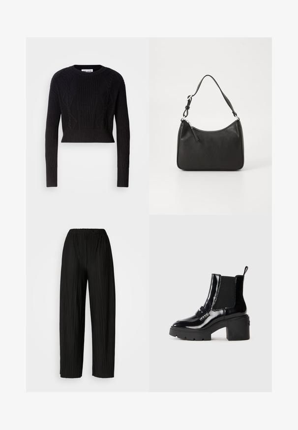 Melna saīsināta džemperis, kas izgatavots no ribu adījuma auduma, ar teksturētām virvēm, garām piedurknēm un apaļu izgriezumu.; Melni plaši svārki ar krokām un elastīgu jostu. Audumam ir vertikālas krokas un gluda tekstūra.; Melnas patentētas potīšu zābaki ar masīlu papēdi, elastīgām sānu paneļiem, dekoratīvu siksnu un kontrastējošu šuvju. Gluda tekstūra ar spīdīgu apdari.; Melnas ādas rokassomu ar izliekta formu, vienu siksnu, ar rāvējslēdzēju aizdari un diskrētu zīmolu uz priekšpuses. Gluda tekstūra, minimālisma dizains.