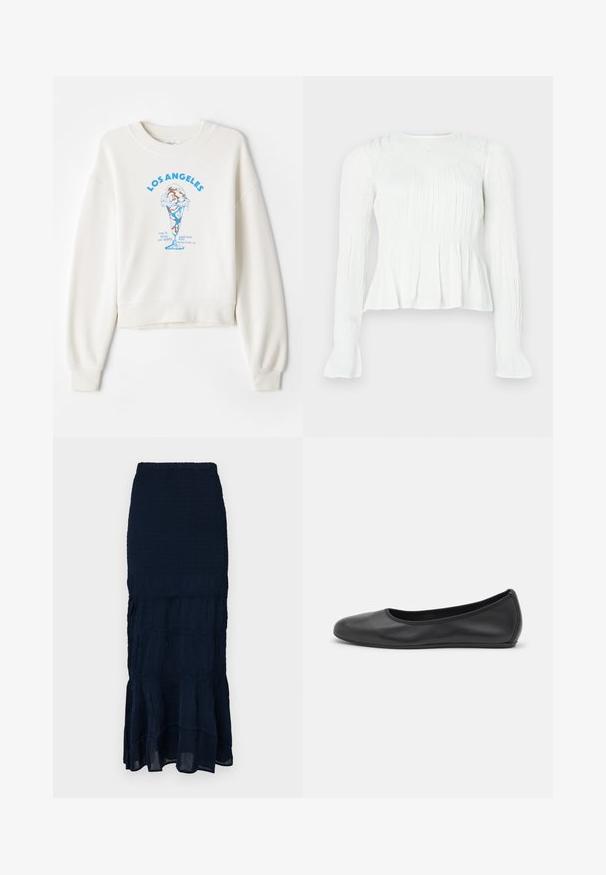 Grietos spalvos džemperis su trumpu dizainu, kuriame centre yra mėlynos ledų grafika ir išraiškingas užrašas "LOS ANGELES".; Balta ilgomis rankovėmis palaidinė su surinkto audinio detalėmis, raukiniu liemeniu ir platėjančiomis rankogaliais ant vientisos spalvos fono.; Tamsiai mėlynas, raukšlėtas midi sijonas su sluoksniuotu, raukšlėtu pakraščiu ir tekstūruota medžiaga. Elastinė juosmens juosta reguliuojamam prigludimui.; Juodai odiniai baletai su apvaliu pirštu, lygi texture, minimalus siuvimo detales ir lanksčiu padų dizainu.