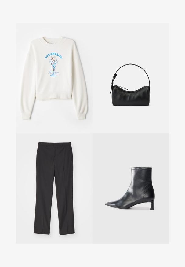 Crème kleurige sweatshirt met een cropped ontwerp, voorzien van een blauwe ijscreemafbeelding en de tekst "LOS ANGELES" in het vet in het midden.; Zwarte op maat gemaakte broek met een rechte pijpdesign, voorzien van riemlussen en een soepele textuur, gemaakt van lichtgewicht stof.; Zwarte leren enkellaars met een spitse neus en een slank ontwerp. Heeft een lage hak en een ritssluiting aan de achterkant. Gladde textuur.; Zwarte leren schoudertas met een gebogen ontwerp, ritsafsluiting en een slanke schouderriem. Beschikt over een soepele textuur en subtiele stikdetails.