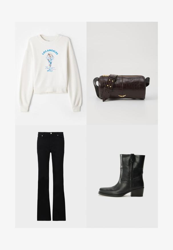 Cremefarvet sweatshirt med en cropped design, der har et blåt iskremsgrafik og teksten "LOS ANGELES" i fed skrift i midten.; Sorte bløde jeans lavet af denim, med to frontlommer, knaplukning og en glat tekstur. Signaturstikninger synlige ved sømmene.; Sort læder ankelstøvle med rundt tå, blokhæl, lynlås i siden og stikninger på vampsiden. Glat tekstur, klassisk design.; Brun krokodilleder taske med cylindrisk form, hardware i guld-tone, og en aftagelig rem med nitter.