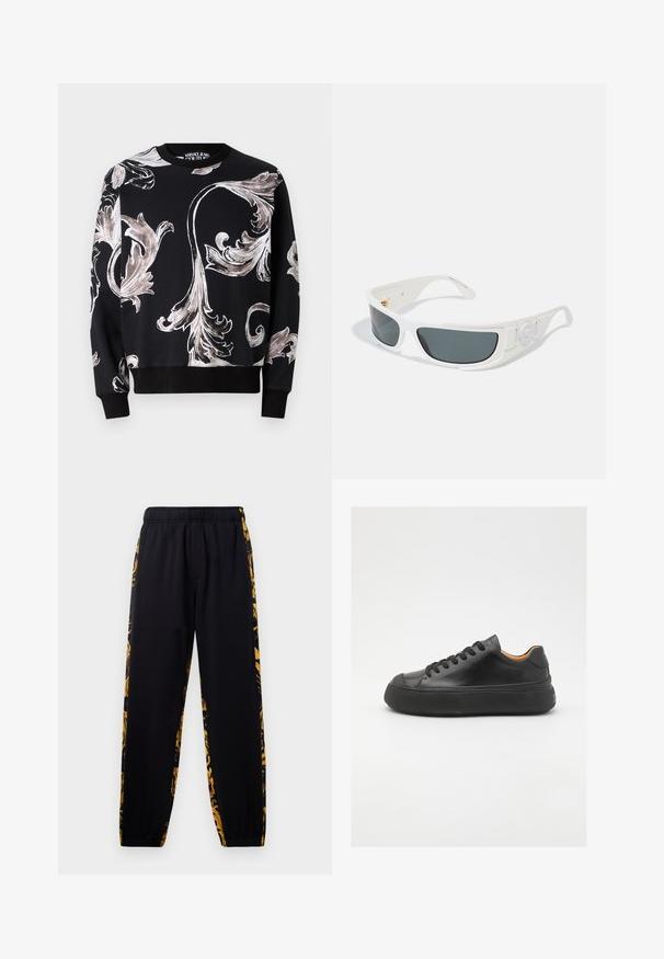 Versace Jeans Couture BAR OUTLINE MACRO - Mikina - black; Černé joggingové kalhoty s elastickým pasem a manžetami, zdobené zlatými a černými květinovými vzory po stranách.; Černé kožené tenisky s kulatou špičkou, šněrováním v přední části, hladkým povrchem, silnou gumovou podrážkou a kontrastním tan interiérem.; Bílé sluneční brýle s šedými skly, obdélníkového tvaru a texturovanými akcenty po stranách. Obsahují zlaté detaily.