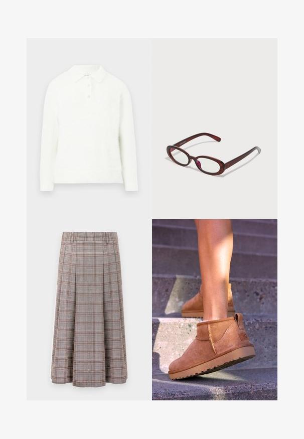 Bílý chlupatý svetr s límečkem, tříknopovým zapínáním, dlouhými rukávy a měkkou texturou. Jednoduchý design bez viditelných vzorů.; Bílé košile s dlouhým rukávem a předním zapínáním na knoflíky, s límečkem, měkkou žebrovanou texturou a světle žlutými knoflíky.; Plisovaná midi sukně v hnědém a šedém kostkovaném vzoru, vyrobená z texturované látky. Má pásek v pase a sahá do poloviny lýtek.; Světlé semišové kotníkové boty s měkkou strukturou, prošívanými detaily a gumovou podrážkou, s okrouhlým podpatkem pro snadné obouvání.; Ovalo tvarované červené sluneční brýle s průhlednými skly a elegantními hnědými rámy. Design má jemné křivky a minimální hardware.; Hnědá kožená taška na cesty s dvěma horními uchy, odnímatelným ramenním popruhem, zlatými kovovými doplňky a obdélníkovým štítkem na zavazadla. Texturovaný povrch.
