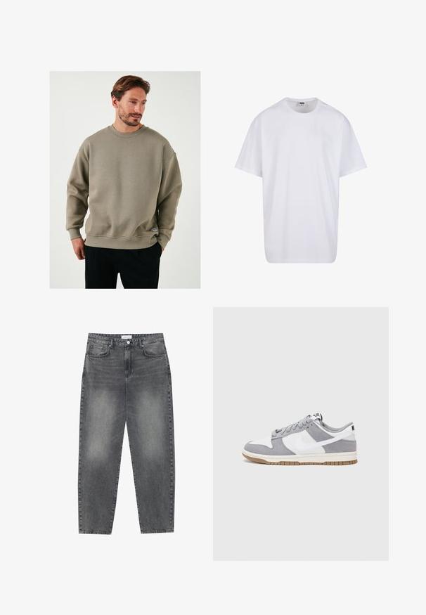 Olive zöld pulóver, texturált anyagból készült, kerek nyakkal, ejtett vállakkal és kis logós címkével az alján.; Fehér pamut póló rövid ujjal, kerek nyakú, laza szabású, és nincsenek látható logók vagy minták. Simább textúra és minimalista dizájn.; Magasan szabott, bővebb szabású farmernadrág fakó fekete denim anyagban. Öt zsebbel, övhurkokkal és tiszta, egyenes lábszár dizájnnal rendelkezik.; Szürke és fehér sportcipő, velúr és bőr felsőrésszel, kerek orral, lapos fűzőkkel és gumitalppal, amelyen rágógumi színű díszítés található.