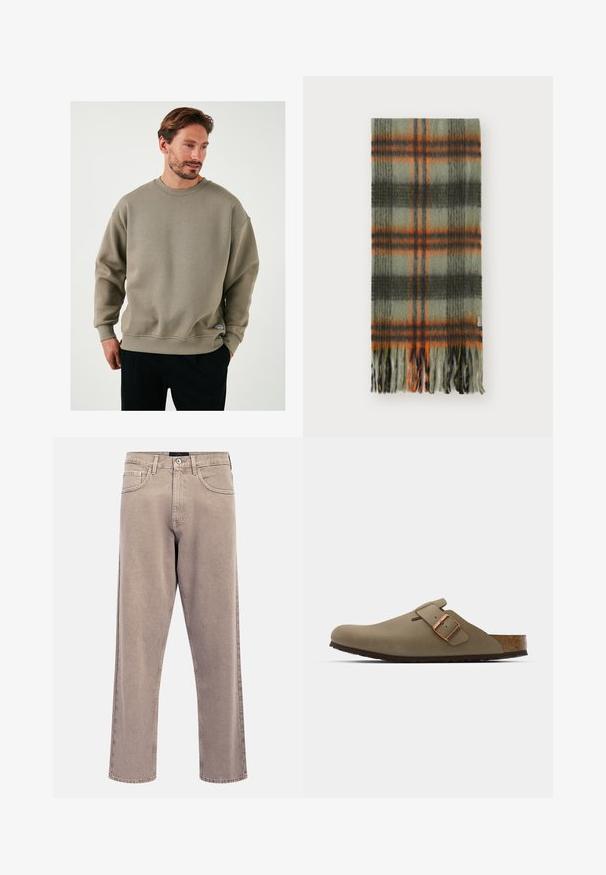 Maslinasto zeleni dukserica izrađena od teksturiranog materijala, s okruglom izrezom, spuštenim ramenima i malom logotip oznakom na rubu.; Svetlo bež traperice ravnog kroja s lagano izblijedjelom teksturom, dizajnom s pet džepova i zatvaračem na metalni gumb. Istaknuti detalji šavova.; Smeđi drvenjaci s glatkom, mat površinom. Imaju istaknut brončani kopču s jedne strane. Korkana unutrašnjost i gumeni potplat za udobnost.; Karirana šal u zelenoj, tamnosivoj i narančastoj boji. Izrađen od mekane mješavine vune, ima rese na rubovima i oznaku s logotipom s jedne strane.
