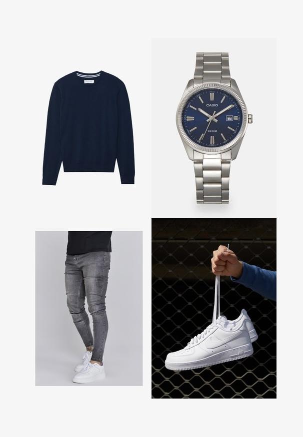 Maglione a maglia blu navy con scollo rotondo, maniche lunghe e polsini a costine. Presenta un dettaglio a righe in contrasto sul colletto.; Jeans skinny in denim grigio sbiadito, con dettagli strappati sulle ginocchia, abbinati a sneakers bianche. Texture liscia, design slim fit.; Sneakers in pelle bianca con perforazioni, punta rotonda, suola piatta e lacci spessi, con logo swoosh visibile e "AIR" sul tallone.; Orologio da polso in acciaio inossidabile argento con quadrante blu navy, indici metallici e finestra della data alle 3. Resistente all'acqua fino a 50 metri.