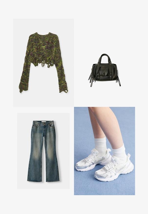 The Ragged Priest MURKY - Svetr - multi-coloured; Modré zvonové džíny se zesvětleným práním, pěti kapsami a zapínáním na knoflík. Materiál vykazuje denimovou strukturu s jemnými detaily šití.; Bílé sportovní boty s síťovinou a syntetickými překryvy, se stříbrným swoosh symbolem Nike, doplněné o bílé žebrované ponožky na modrém povrchu.; Černá kožená kabelka s pletenými rukojetmi, kapsou na zip a visícími třásněmi. Texturovaný povrch s kovovými hroty a kovovými akcenty.