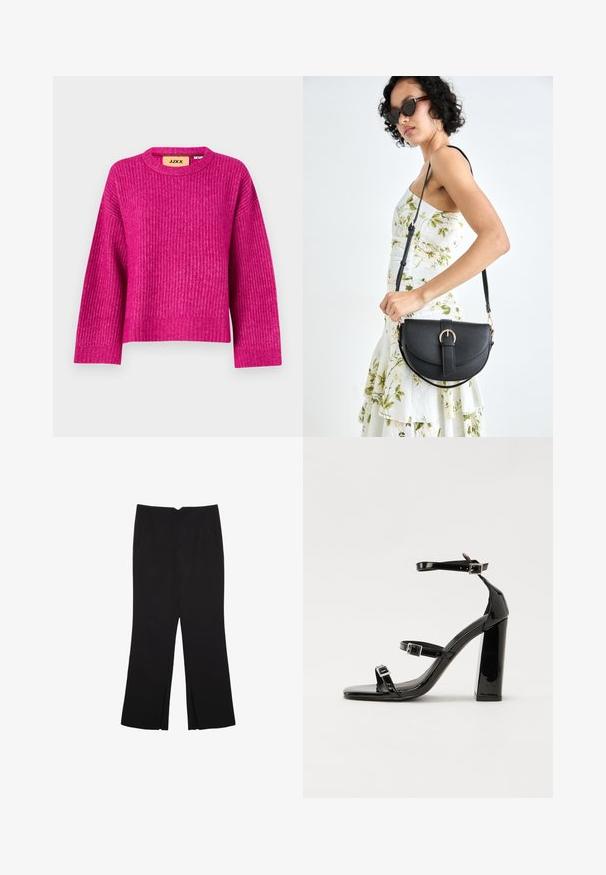 Magentový pletený sveter s okrúhlym výstrihom a dlhými rukávmi. Vyrobený z textúrovaného materiálu, s mierne skráteným lemom. Viditeľná značka značky.; Čierne nohavice so strihom rovného strihu, s prednými vreckami a bočnými rozparkami na leme. Vyrobené z mäkkej, hladkej tkaniny. Vhodné na rôzne príležitosti.; Čierne lakované sandále na podpätku so štvorcovou špičkou, navlečenými remienkami okolo členku a striebornými prackami. Disponujú masívnym blokovým podpätkom pre stabilitu.; Čierna kožená kabelka s zaobleným tvarom, odnímateľným popruhom a zlatými doplnkami. Kabelka má klopu s detailom s prackou.
