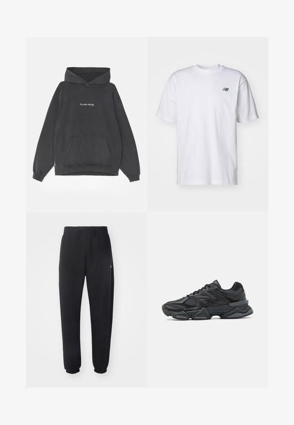 Filling Pieces HANDSHAKE VINTAGE - Mikina s kapucí - black; Bílá krátká rukávová trička s kulatým výstřihem a malým černým logem New Balance na levém prsu na jednobarevném pozadí.; Černé tepláky z měkkého materiálu s elastickým pasem, šňůrkou na stažení a zužujícími se manžetami, s jemným logem na boku.; Černá běžecká bota s kombinací síťoviny a syntetických materiálů, masivní podešev, zakřivený design a výrazné logo na boku.