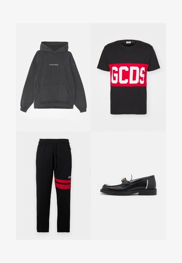 Filling Pieces HANDSHAKE VINTAGE - Mikina s kapucňou - black; GCDS BAND LOGO REGULAR - Tričko s potlačou - black; Čierne tepláky s kontrastnými červenými pruhmi a logom na boku. Majú elastický pás s šnúrkou a zúžené manžety na členkoch.; Čierne kožené mokasíny s okrúhlou špičkou, bielymi akcentmi a zlatými detailmi na priehlavku. Obsahujú textúrovanú nášivku a vrstvený podpätok.