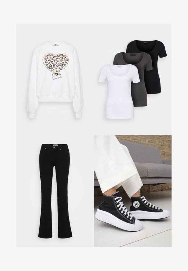 White sweatshirt featuring a leopard print heart design, accented with gold outlines, and the text "Love never fails" in black script.; Three fitted T-shirts in white, gray, and black. Each features a wide scoop neckline and short sleeves. Made from smooth, stretchy fabric.; Black flared jeans made of denim, featuring a classic five-pocket design, silver hardware, and a button closure at the waist.; Black high-top sneakers with white rubber soles and laces. Features a round logo patch and contrasting white stitching. Canvas material.