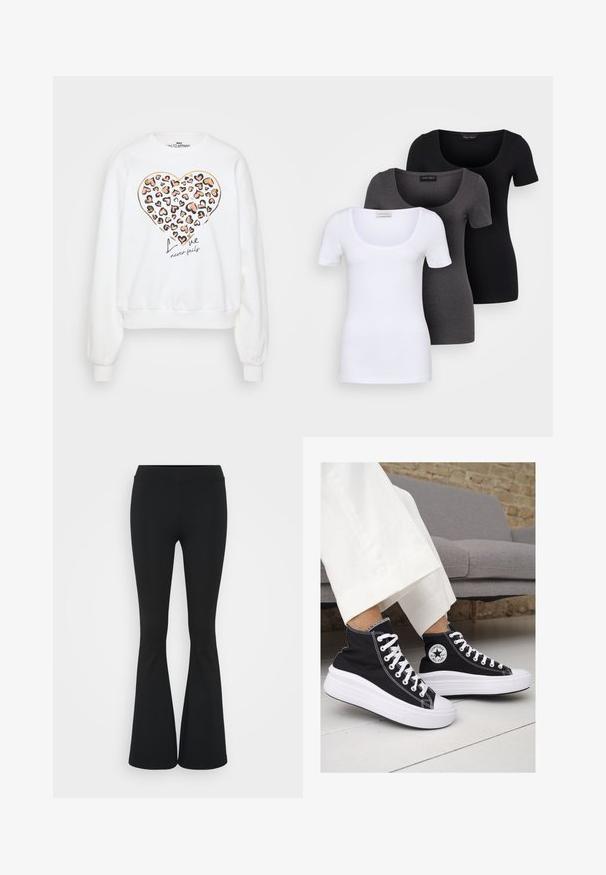 Sweat-shirt blanc avec un motif de cœur en léopard, rehaussé de contours dorés, et le texte "L'amour ne faillit jamais" en script noir.; Trois T-shirts ajustés en blanc, gris et noir. Chacun présente un décolleté large et des manches courtes. Fabriqués en tissu lisse et extensible.; Pantalon évasé noir en tissu extensible, présentant une taille haute et une texture lisse. Le pantalon s'élargit à partir du genou.; Baskets montantes en toile noire avec semelles et lacets en caoutchouc blanc. Elles présentent un logo circulaire sur le côté et un contraste de coutures blanches.