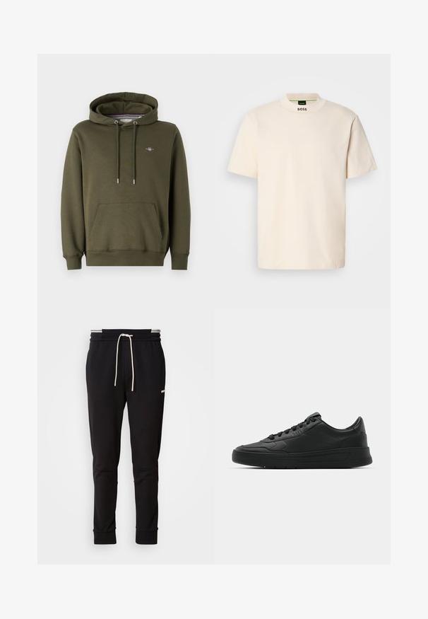 Olive green hoodie made of cotton blend fabric, featuring a front pouch pocket, adjustable drawstrings, and a small logo on the chest.; Cream-colored short-sleeve T-shirt with a high collar, featuring "BOSS" printed in black on the front neck and inside label.; Black slim-fit jogger pants with white drawstring, ribbed cuffs, and subtle logo on the upper thigh against a plain background.; Black sneaker with smooth leather upper, round toe, flat laces, cushioned collar, and minimalistic design. Rubber sole with subtle tread pattern.