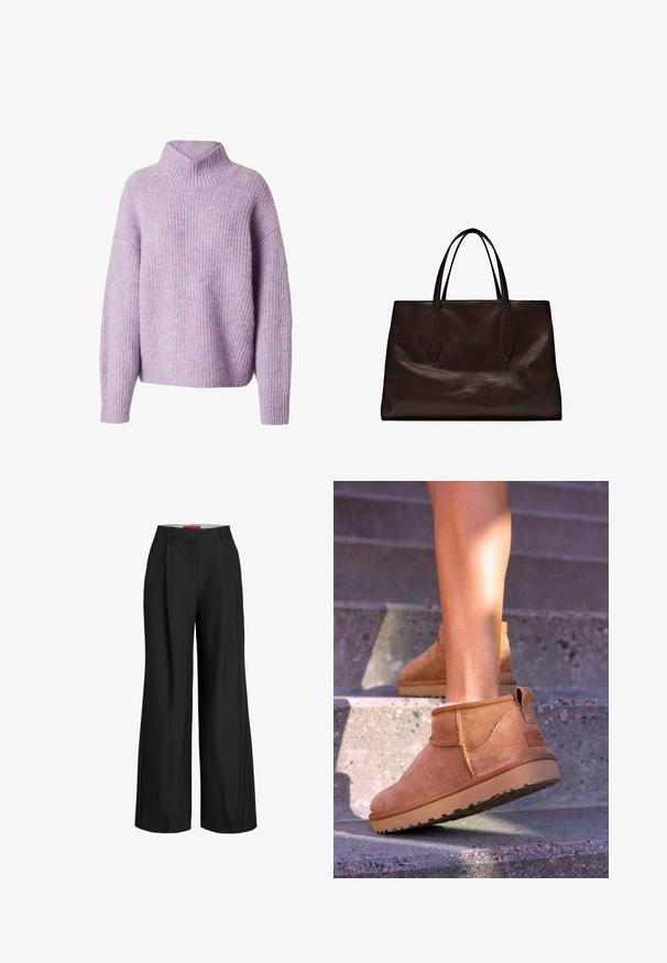 Lila gestrickter Pullover mit hohem Kragen, gerippter Textur, lockerer Passform und überschnittenen Schultern. Weiches Material mit einem dezenten Ombre-Effekt.; Schwarze weit geschnittene Hose mit maßgeschneidertem Design, mit Falten und einer glatten Stoffstruktur. Klare Linien und keine sichtbaren Beschläge oder Akzente.; Beige Wildleder-Ankelstiefel mit weicher Textur, gesteppten Details und einer Gummisohle, ausgestattet mit einer Schlaufe an der Ferse für einfaches An- und Ausziehen.; Massimo Dutti Handtasche - brown