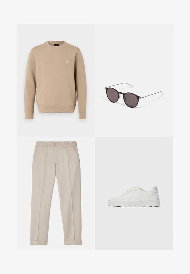 Beige crew neck sweatshirt tillverkad av mjukt tyg. Har en liten logopatch på bröstet. Långa ärmar med ribbade muddar och nederkant.; Filippa K TERRY CROPPED TROUSERS - Tygbyxor - sage melange; Vita lädersneakers med en jämn yta, rund tå, platta snörningar och en strukturerad sula. Har en diskret logotyp på hälen.; Svarta runda solglasögon med mörka linser och smala metallarmar. Inkluderar klara tempeltips och silverdetaljer vid gångjärnet. Minimalistisk design.