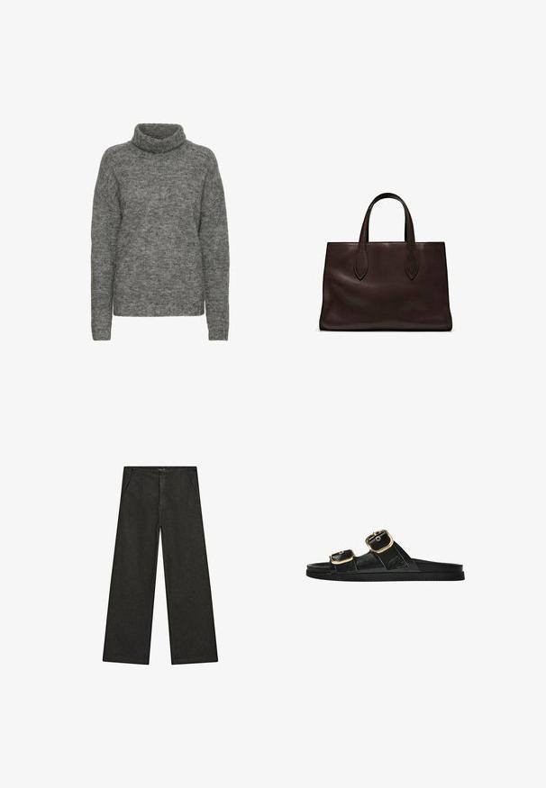 Šedý rolák vyrobený z měkkého pleteného materiálu, s volným střihem a dlouhými rukávy s jemnou strukturou po celé ploše.; Široké černé džíny s středním pasem, dvěma předními kapsami a čistým, minimalistickým designem bez viditelných ozdob.; Černé kluzné sandály s dvěma zlatými sponami, hladkým texturovaným materiálem, plochou podrážkou a minimalistickým designem.; Hnědá kožená taška přes rameno s dvěma dlouhými uchy, strukturální obdélníkový tvar, hladká textura a jemné švy.