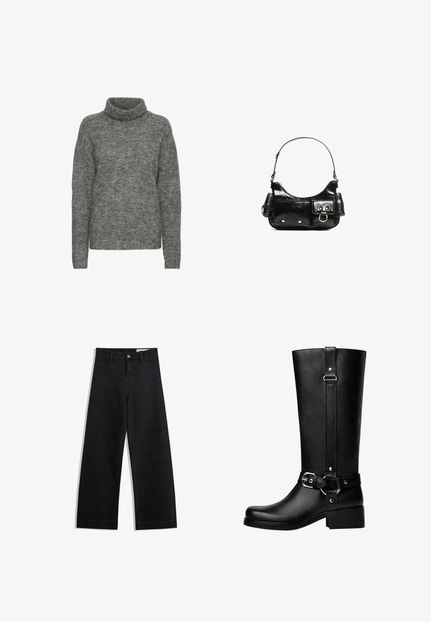 Szürke garbó pulóver puha kötött anyagból, laza szabással és hosszan szabott ujjal, finom textúrával az egész felületen.; Fekete, bő szabású farmernadrág magas derékkal, elülső és hátsó zsebekkel, varrott felületekkel és gombos záródással. Sima textúra.; Magas fekete műbőr csizma lekerekített orral, kiemelkedő övcsattal és vastag sarokkal. Sima textura és függőleges varrás a szárán.; Fekete lakkbőr kézitáska ívelt formával, egy vállpánttal, elülső zsebekkel és ezüstszínű fémrészletekkel.