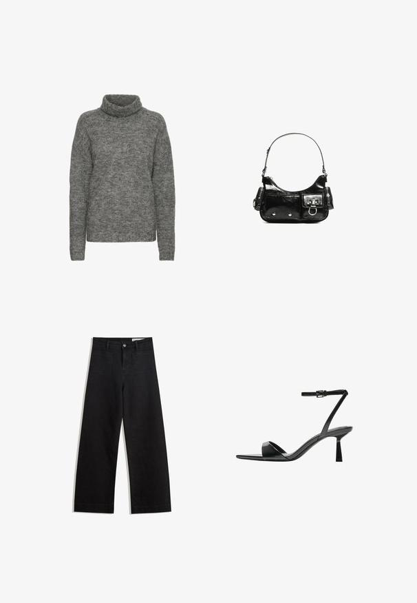 Grijze coltrui gemaakt van zacht breimateriaal, met een ontspannen pasvorm en lange mouwen met een subtiele textuur.; Zwarte denim broek met wijde pijpen en een hoge taille, voorzien van voor- en achterzakken, gestikte naden en een knoopsluiting. Gladde textuur.; Bershka Sandalen met hoge hak - black; Zwarte laarzen in lakleer met een gebogen vorm, één schouderband, voorvakken en accenten in zilverkleurig metaal.