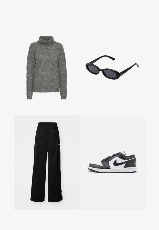 Hallitatud hall turtleneck-kampsun on valmistatud pehmest kudumisest, millel on mugav lõige ja pikad varrukad, millel on throughout õrn tekstuur.; Mustad laiad spordipüksid elastse vöökohtaga, millel on valged külgtriibud ja väike logo vasakul puusal. Sile kangateksam.; Mustvalged mustade ja valgete Nike madala profiiliga teniseketsid, millel on sile nahast ülemine osa, ümar varvas, paeltega kinnitamine ja mustriline kummist välistald.; Mustad mustad prillid ovaalsete läätsedega, sujuvast plastmassraamist ja kuldsete aktsentidega tempel. Tumedaid läätsi, mis pakuvad päikese kaitset.