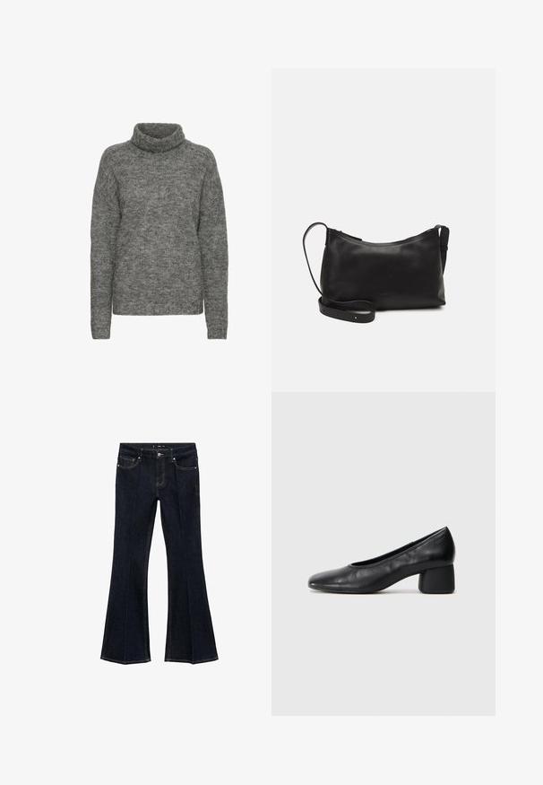 Sivi pulover s visokim ovratnikom, izrađen od mekanog pletenog materijala, s opuštenim krojem i dugim rukavima te suptilnom teksturom po cijelom dijelu.; Tamno plave traperice visokog struka s prednjim džepovima i širokim nogavicama, prikazane ravno na bijeloj pozadini.; Crna kožna pumpica s okruglim vrhom i srednje blok petom. Glatka tekstura s minimalnim detaljima, s suptilnim elastičnim otvaranjem.; Crna kožna torba na rame s glatkom teksturom, zakrivljenim oblikom, podesivim remenom i zatvaranjem na patentni zatvarač. Minimalistički dizajn bez ukrasa.