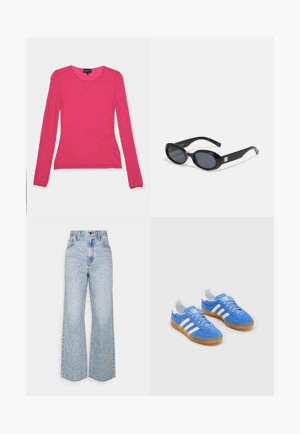 Hosszú ujjú felső élénk rózsaszínben, lekerekített nyakkivágással, bordázott textúrával és minimális varrásokkal, könnyű anyagból készítve.; Világoskék farmer széles szárú nadrág magas derékkal, klasszikus öt zsebes dizájnal és kontrasztos varrással. Nyers szegés alul.; Kék velúr sportcipők fehér csíkos díszítéssel, gumi talppal és párnázott nyakkal a kényelem érdekében. Hagyományos fűzős dizájnnal rendelkezik.; Fekete, ovális napszemüveg sötét lencsékkel, fényes műanyag kerettel, széles szárakkal és egy apró arany díszítéssel az egyik oldalon.