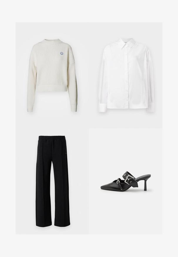 Balts ribots dzīvokļa džemperis ar augstu apkakli un nolaižamām plecu šuvēm. Uz krūtīm ir mazs zils smaidošs logotips. Īss dizains.; Balta, garām piedurknēm, ar pogām aizpogājama krekla no gludas kokvilnas šķiedras. Tam ir klasiskā apkakle, priekšējā aizpogājamā daļa un noapaļotas aproces.; Melni taisni bikses ar elastīgu jostasvietu un smalku teksturētu rakstu visa auduma garumā uz baltas fona.; Melnas augstpapēžu mūles ar norādītu purngalu, izgatavotas no gludas ādas. Iekļauj plašu potītes siksnu ar kvadrātveida sudraba sprādzi un kniedēm.